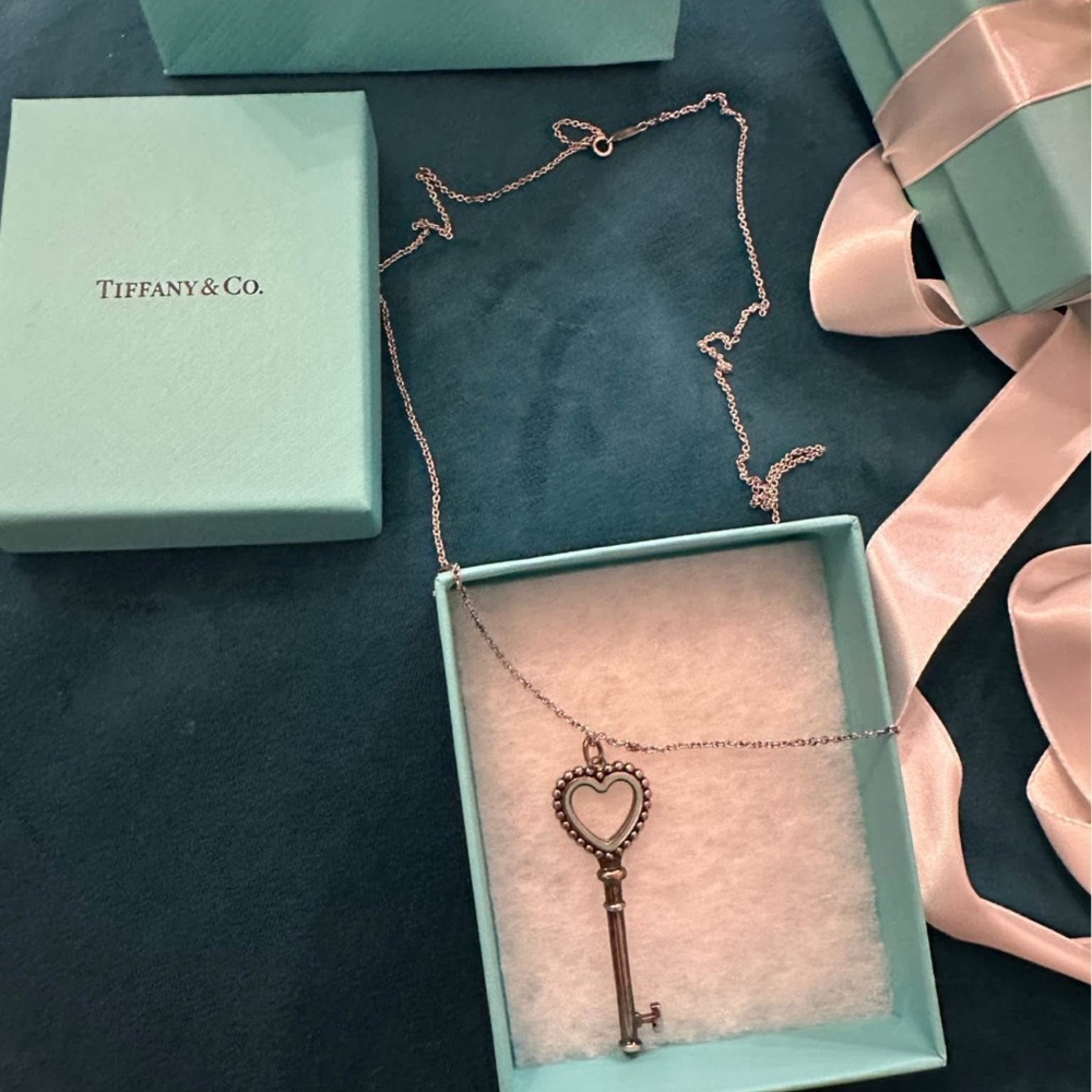 Authentic Tiffany & Co. Heart Key Blue Enamel & Sterling Silver Pendant Necklace